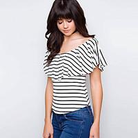 Women\'s Off The ShoulderFine Stripe Going out Casual/Daily Sexy Spring Summer T-shirt, Striped Boat Neck Short Sleeve Cotton Opaque