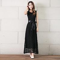 womens lace casualdaily simple sheath dress solid round neck maxi slee ...