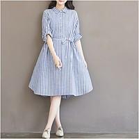 Women\'s Fine Stripe Casual/Daily Simple Loose Dress, Striped Shirt Collar Knee-length Long Sleeve Cotton Spring Summer Mid Rise Inelastic Medium