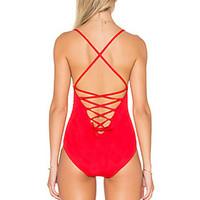 Womens Solid Lace Up Bandage Fashion One-Piece Swimwear (S-XL)