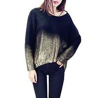 Women\'s Going out Casual/Daily Street chic Regular Pullover, Color Block Gold Silver Round Neck Long Sleeve Polyester Spring Fall Medium