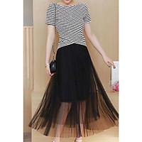 Women\'s Fine Stripe Real fashion shoot fashion suit summer female striped shirt gauze skirt two-piece