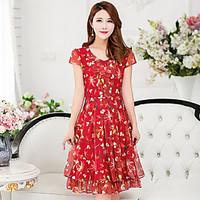 Women\'s Going out Casual/Daily A Line Dress, Floral V Neck Midi Short Sleeve Others Summer Mid Rise Inelastic Medium