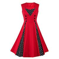 Women\'s Plus Size Casual/Daily Vintage Sheath Dress, Polka Dot Round Neck Knee-length Sleeveless Blue Red Green Cotton Polyester Summer