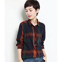 Women\'s Daily Simple Shirt, Color Block Shirt Collar Long Sleeve Cotton