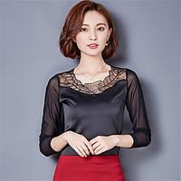 Women\'s Plus Size Going out Casual Daily Simple Street Blouse Solid Lace Round Neck Long Sleeve