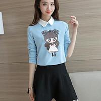 Women\'s Casual/Daily Simple Fall T-shirtPrint Peter Pan Collar Long Sleeve Blue / Red / White Polyester Opaque