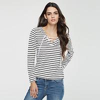 Women\'s Lace upFine Stripe Casual/Daily Active Fall / Winter T-shirt, Solid V Neck Long Sleeve Black / Gray Polyester Medium