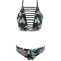 womens lace up bandeau tankini floral polyester black