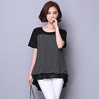 womens simple blouse striped round neck short sleeve cotton