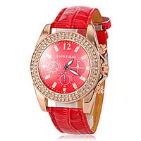 Women\'s Diamante Gold Case Red Leather Band Quartz Fashion Watch Cool Watches Unique Watches Strap Watch