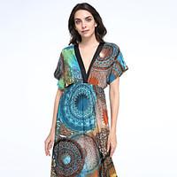 Women\'s Boho Holiday / Plus Size Boho Swing Dress, Print Deep V Maxi Sleeveless Green Cotton / Polyester Summer