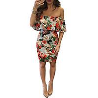 Women\'s Ruffle Club Floral Off Shoulder Sexy Bodycon Above Knee Sleeveless Dress