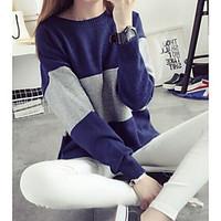 Women\'s Going out Cute Regular Pullover, Color Block Blue Pink Round Neck Long Sleeve Polyester Winter Medium Micro-elastic