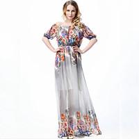 Women\'s Plus Size Boho Chiffon Swing Dress, Print Boat Neck Maxi Short Sleeve Polyester Summer High Rise Micro-elastic Medium