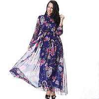 Women\'s Plus Size Boho Chiffon Swing Dress, Print Stand Maxi Long Sleeve Cotton Polyester Summer Fall High Rise Micro-elastic Medium