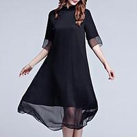 Women\'s Plus Size Going out Simple Swing Dress, Solid Stand Midi ½ Length Sleeve Rayon Summer Mid Rise Inelastic Medium