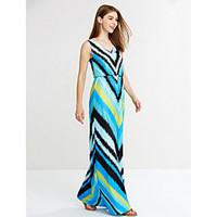 Women\'s Fine StripeBoho Going out Beach Holiday Simple Boho Loose Sheath Swing Dress, Striped V Neck Maxi Sleeveless Polyester Blue Summer High Rise