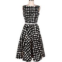Women\'s Casual/Daily Vintage Loose Dress, Print Boat Neck Knee-length Sleeveless Black Cotton Summer