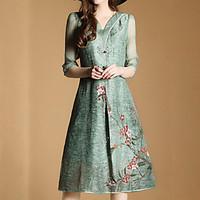 Women\'s Going out Simple Loose Dress, Floral V Neck Knee-length ½ Length Sleeve Rayon Summer Mid Rise Inelastic Medium