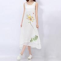Women\'s Casual/Daily Simple Loose Dress, Floral Round Neck Maxi Sleeveless Cotton Summer Mid Rise Inelastic Medium