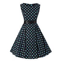 Women\'s Rockabilly Vintage DressBlack Blue Polka Dot Round Neck Knee-length Sleeveless Cotton All Seasons Mid Rise