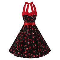 Women\'s Rockabilly Vintage Swing Dress Black Cherry Floral Halter Knee-length Sleeveless Cotton All Seasons Mid Rise