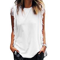 Women\'s Tassel Going out Beach Holiday Vintage Simple Street chic Summer T-shirt, Solid Round Neck Sleeveless Cotton Thin