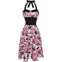 Women\'s Going out Skater Dress, Floral Strapless Midi Sleeveless Polyester Summer Mid Rise Micro-elastic Medium