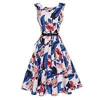 Women\'s Going out A Line Dress, Floral Round Neck Knee-length Sleeveless Cotton Polyester Spring Summer Mid Rise Micro-elastic Thin