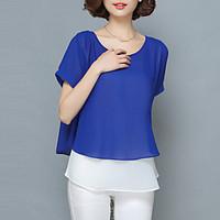 Women\'s Going out Work Plus Size Sophisticated Blouse, Solid Round Neck Short Sleeve Rayon Polyester