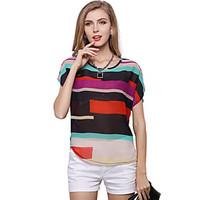 Women\'s Plus Size Casual/Daily Simple Cute Spring Summer Blouse, Rainbow Patchwork Round Neck Short Sleeve Polyester Translucent Thin
