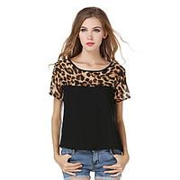 Women\'s Casual/Daily Simple Cute Spring Summer BlouseLeopard Patchwork Round Neck Short Sleeve Polyester Opaque Thin