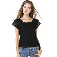 Women\'s Casual/Daily Vintage Summer T-shirt, Solid Patchwork Round Neck Short Sleeve Polyester Translucent Thin