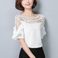 Women\'s Slim chic Cut Out Summer Blouse Solid Patchwork Ruffle Boat Neck Length Sleeve Thin