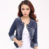 Women\'s Going out Cute Spring Denim Jacket, Solid Round Neck Long Sleeve Short Others