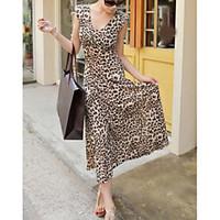 Women\'s Casual/Daily Sexy Swing Dress, Leopard V Neck Maxi Sleeveless Polyester All Seasons