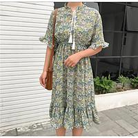 Women\'s Casual/Daily Vintage Loose Dress, Floral Round Neck Midi Short Sleeve Polyester Summer High Rise Inelastic Thin