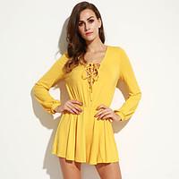 womens lace up solid white yellow jumpsuits street chic v neck long sl ...