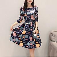 Women\'s Casual/Daily Vintage Sheath Dress, Color Block Round Neck Knee-length Long Sleeve Polyester All Seasons Mid Rise Micro-elastic