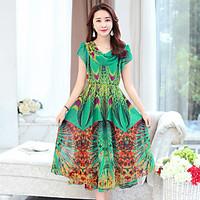 Women\'s Boho summer retro print dress Slim thin short-sleeved dress big skirt