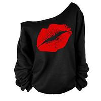Women\'s Off The Shoulder Casual/Daily Active Sweatshirt Print Boat Neck Micro-elastic Cotton Long Sleeve Spring