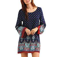 Women\'s Boho Going out Casual/Daily Vintage Simple Loose Dress, Print Round Neck Knee-length Long Sleeve Cotton Rayon All Seasons Mid Rise