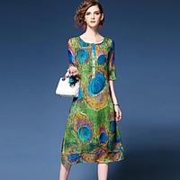 womens going out street chic swing dress print round neck midi length  ...