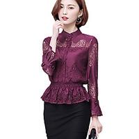 Women\'s Lace Casual/Daily Simple All Seasons Shirt, Plaid V Neck Long Sleeve Red Cotton/Polyester Thin