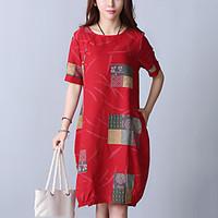 Women\'s Plus Size Casual/Daily Vintage Street chic Loose Dress Print Round Neck Knee-length Short Sleeve Blue /Red Cotton /Linen Summer