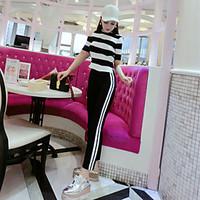 womens going out holiday simple cute sweater pant suits striped off sh ...