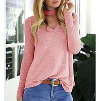 Women\'s Choker Casual/Daily Sexy Regular Pullover, Solid Pink V Neck Long Sleeve Polyester Winter Medium Micro-elastic