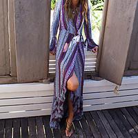 Women\'s Going out Casual/Daily Beach Sexy Vintage Boho Sheath Dress, Print V Neck Maxi Long Sleeve Polyester Summer Mid Rise Micro-elastic