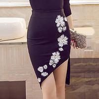 Women\'s Floral Red /Black Bodycon Skirts Plue Size Sexy Work Embroidered Beaded High Waist Asymmetrical Spring /Summer